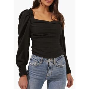 ASTR the Label Black Sweetheart Ruched Puff Long Sleeve Blouse Size Medium